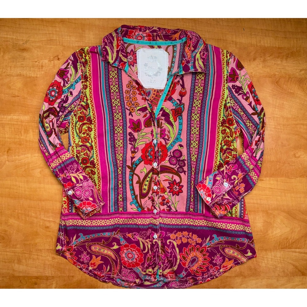 Cino for Chico's Womens Large‎ Pink Floral Paisley Cotton Button Down Shirt